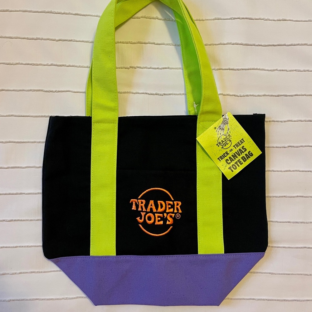 NWT TRADER JOE’S Black, Neon Green, Purple, and Orange Canvas Mini Tote Bag